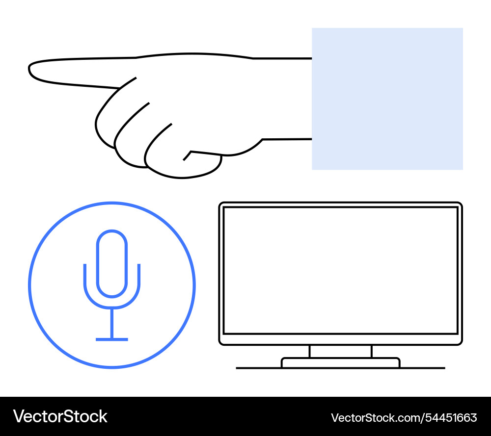 Hand pointing microphone and computer display vector image