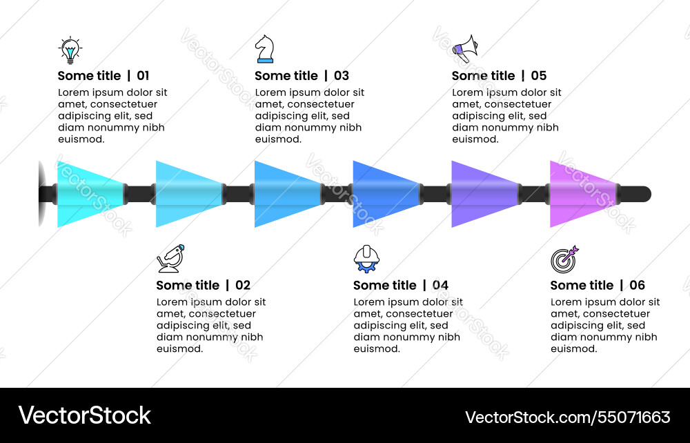 Infographic template 6 arrows with icons and text Infographic template 6 arrows with icons and text vector image
