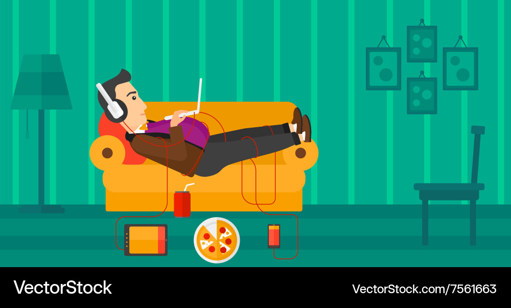 Man lying on sofa with many gadgets vector image