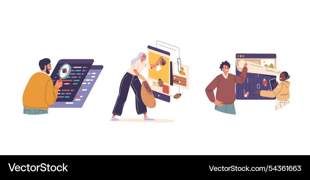 People characters fixing bugs scanning website People characters fixing bugs scanning website vector image