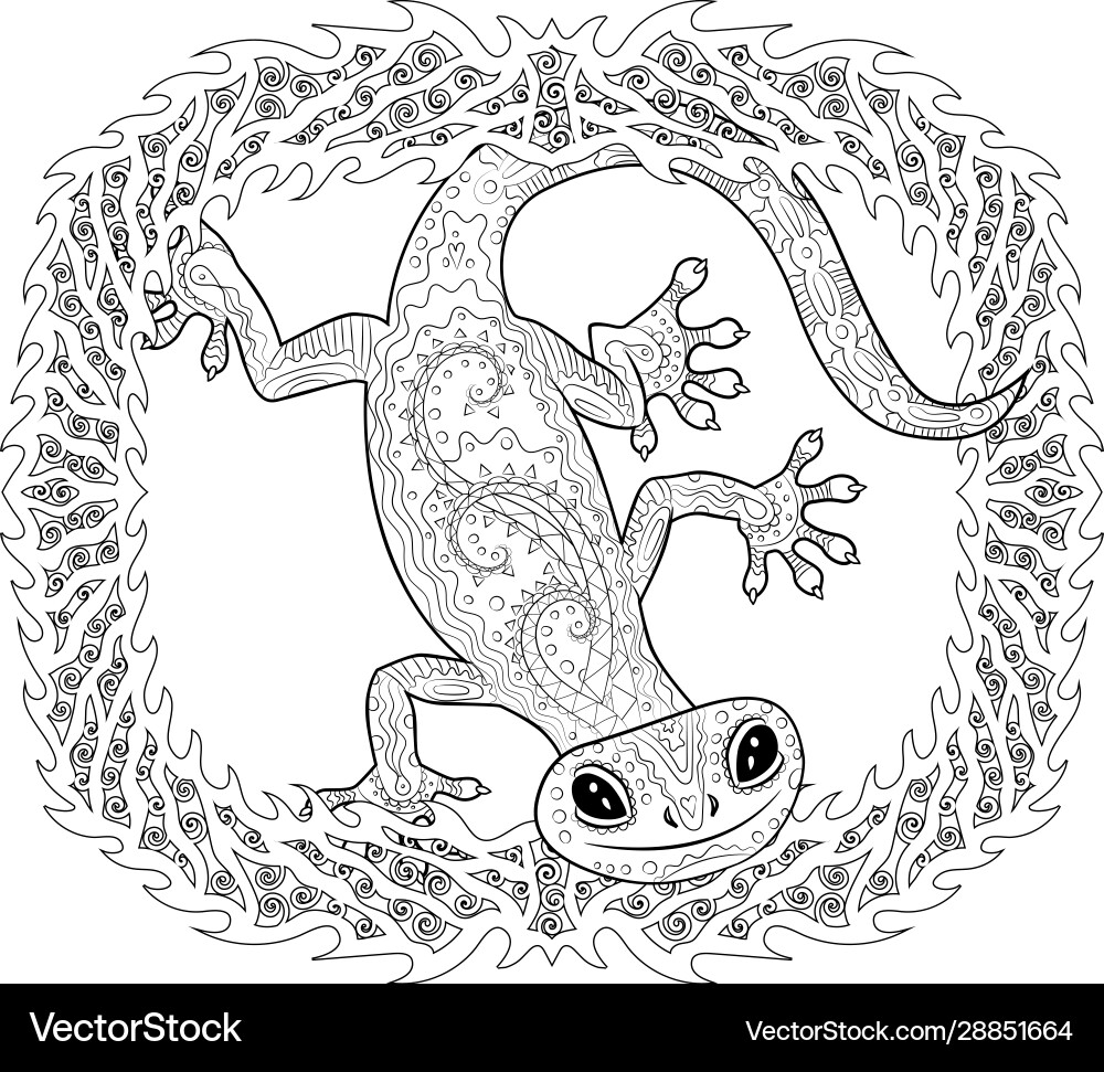 Coloring page with gecko in patterned style Coloring page with gecko in patterned style vector image