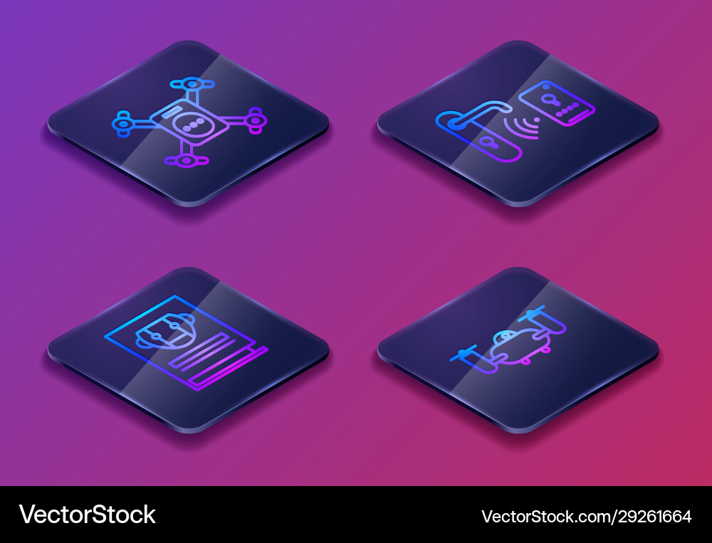 Set isometric line drone flying with action camera Set isometric line drone flying with action camera vector image