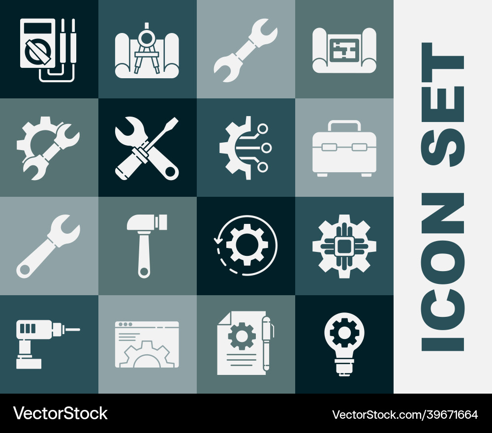 Set light bulb and gear processor toolbox Set light bulb and gear processor toolbox vector image