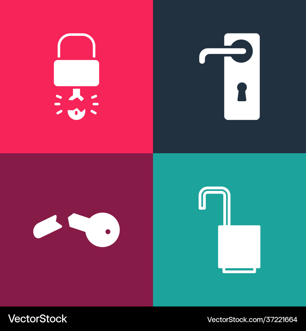 Set pop art open padlock broken key door handle Vector Image