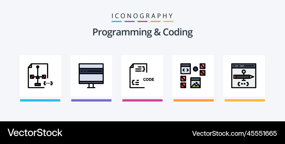 Programmierung und Kodierung Linie gefüllt 5 Icon-Pack Vektorbild