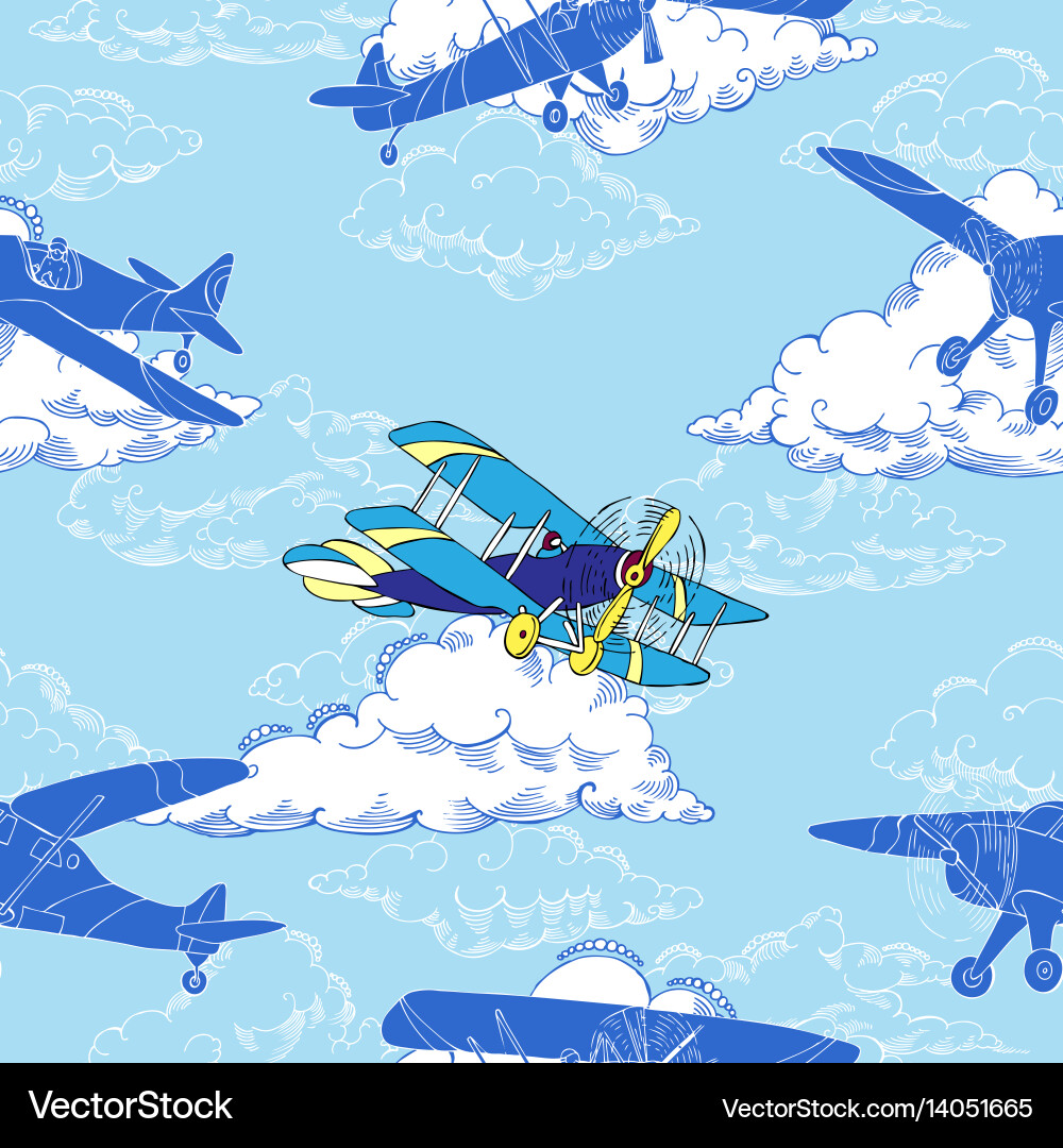 Seamless pattern with clouds and airplanes vector image