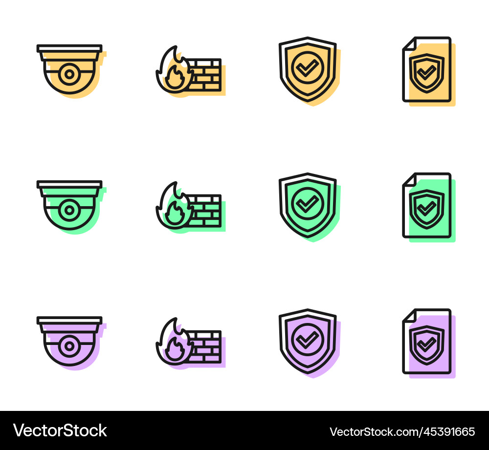 Set line shield with check mark security camera Set line shield with check mark security camera vector image