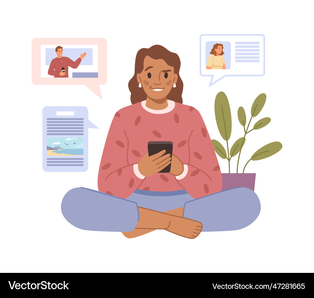 Woman reading news in smartphone media information vector image