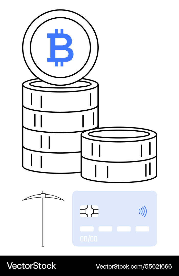 Bitcoin stack with mining pickaxe and digital vector image