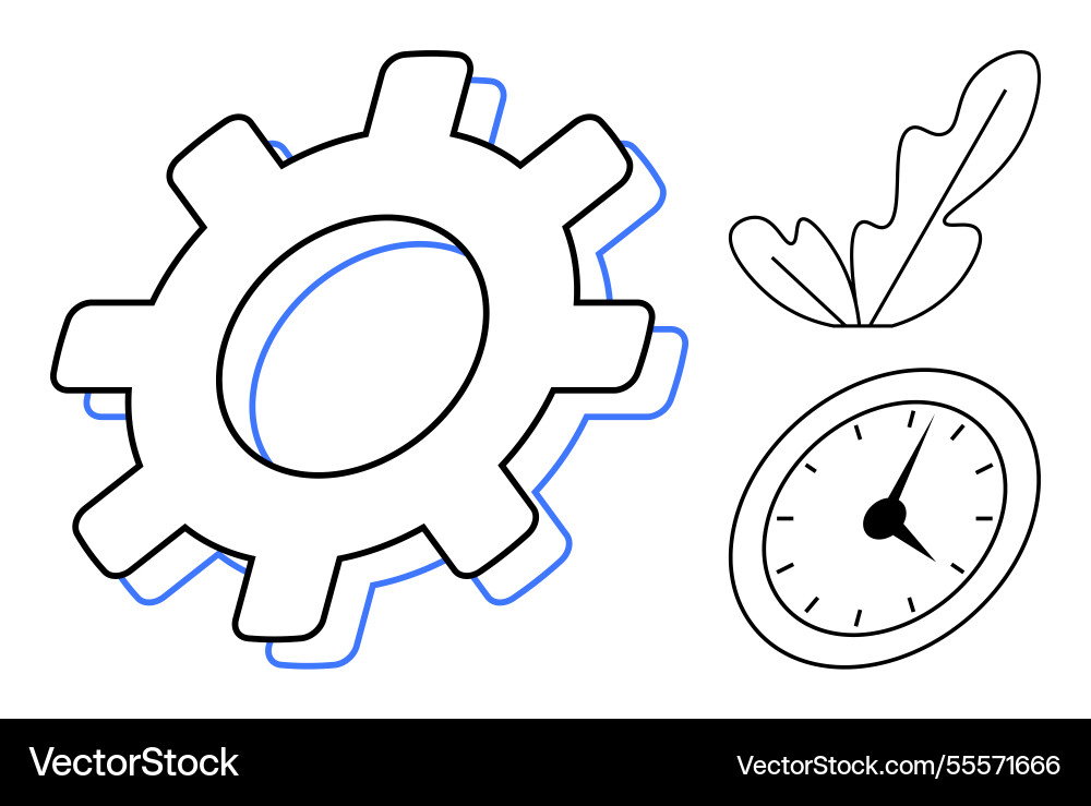 Gears clock and leaf - balancing efficiency Gears clock and leaf - balancing efficiency vector image