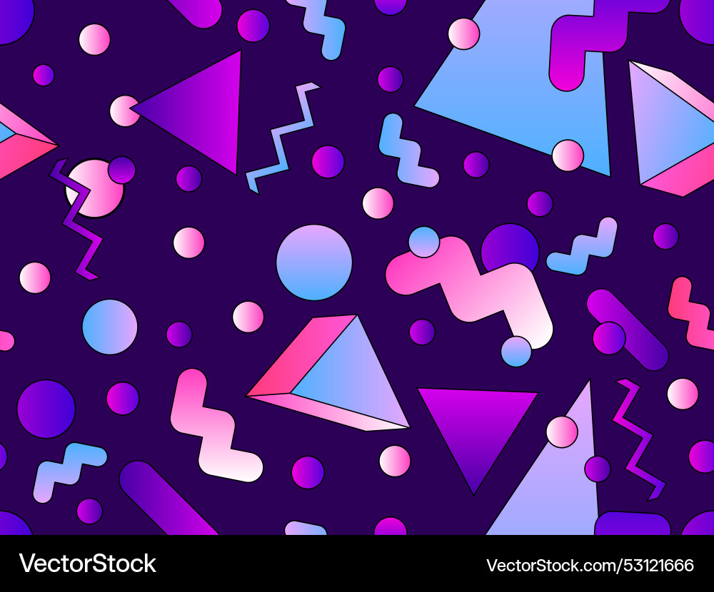 Geometric seamless pattern with 3d shapes in 80s Geometric seamless pattern with 3d shapes in 80s vector image