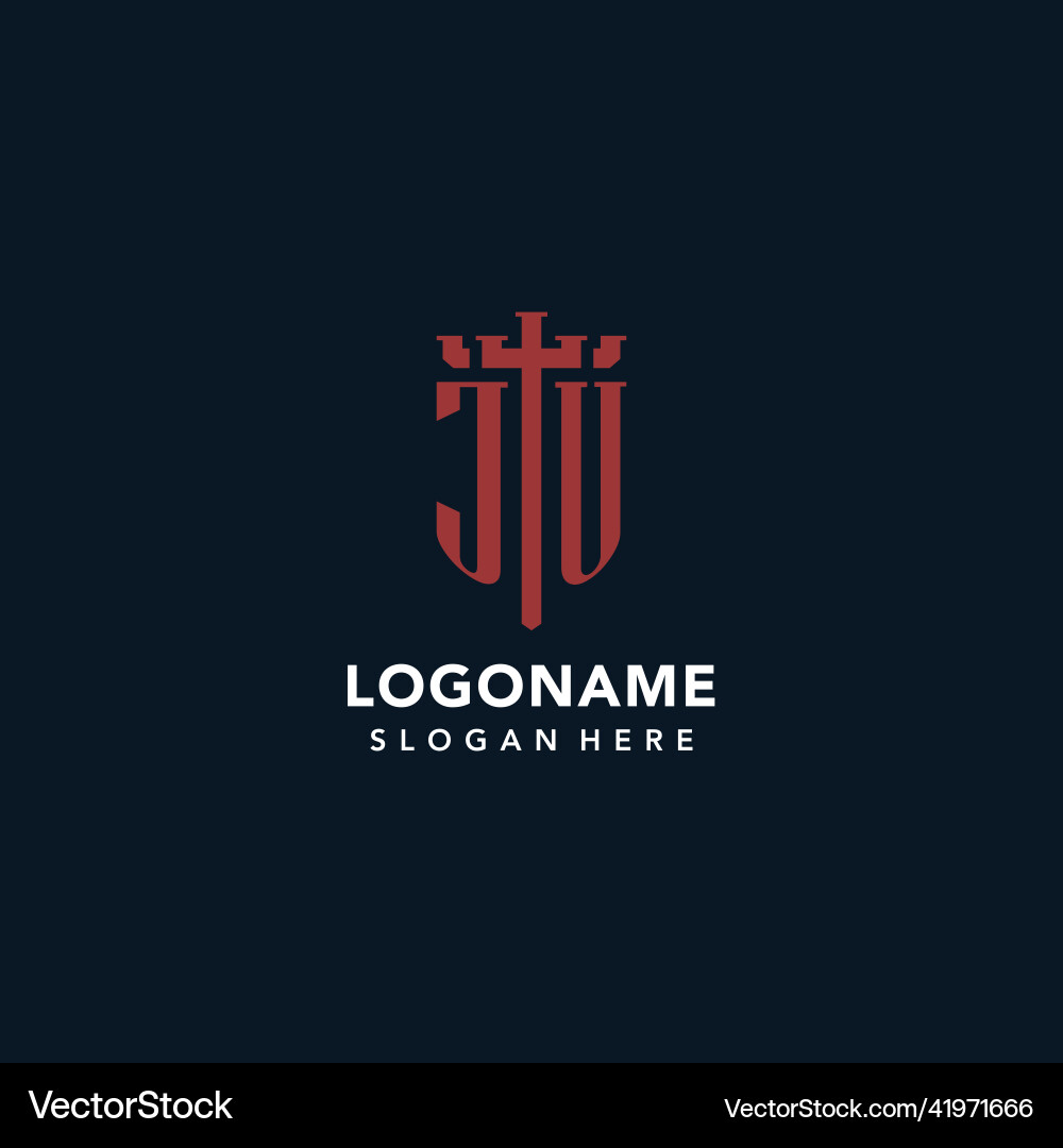 Ju initial monogram logos with sword and shield Ju initial monogram logos with sword and shield Vector Image