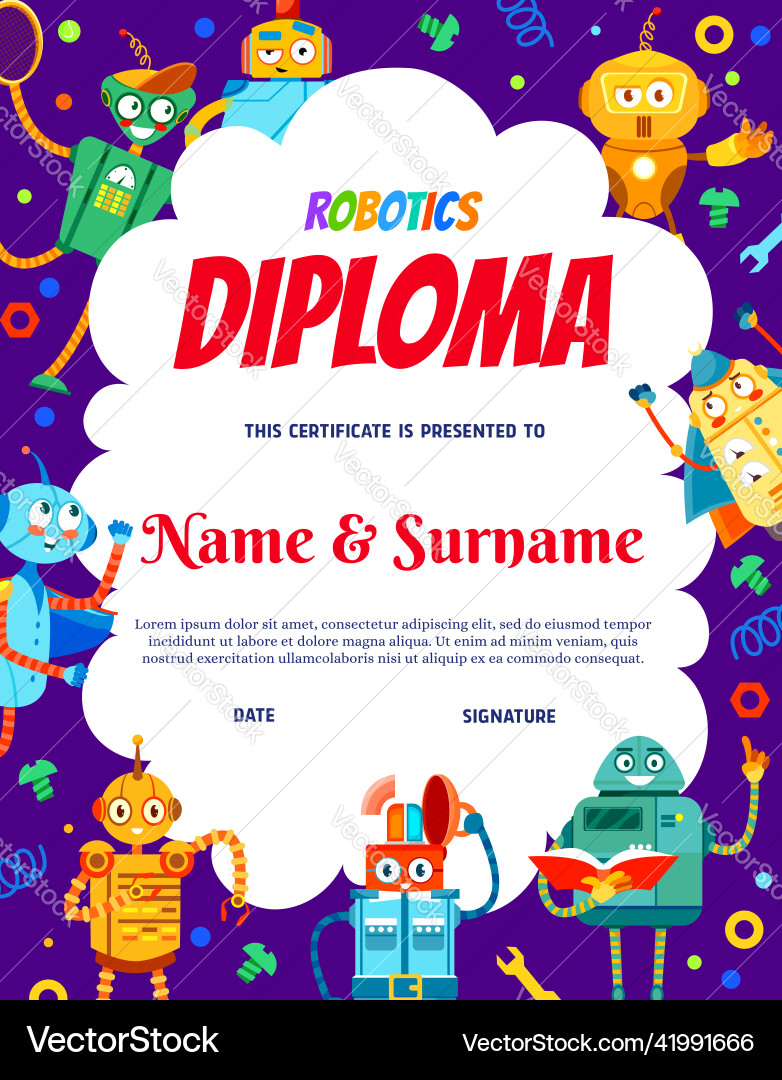 Kids diploma cartoon mechanic robot characters Kids diploma cartoon mechanic robot characters vector image