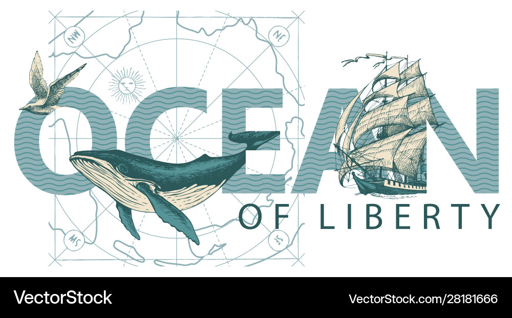 Lettering ocean with sailing ship whale Royalty Free Vector