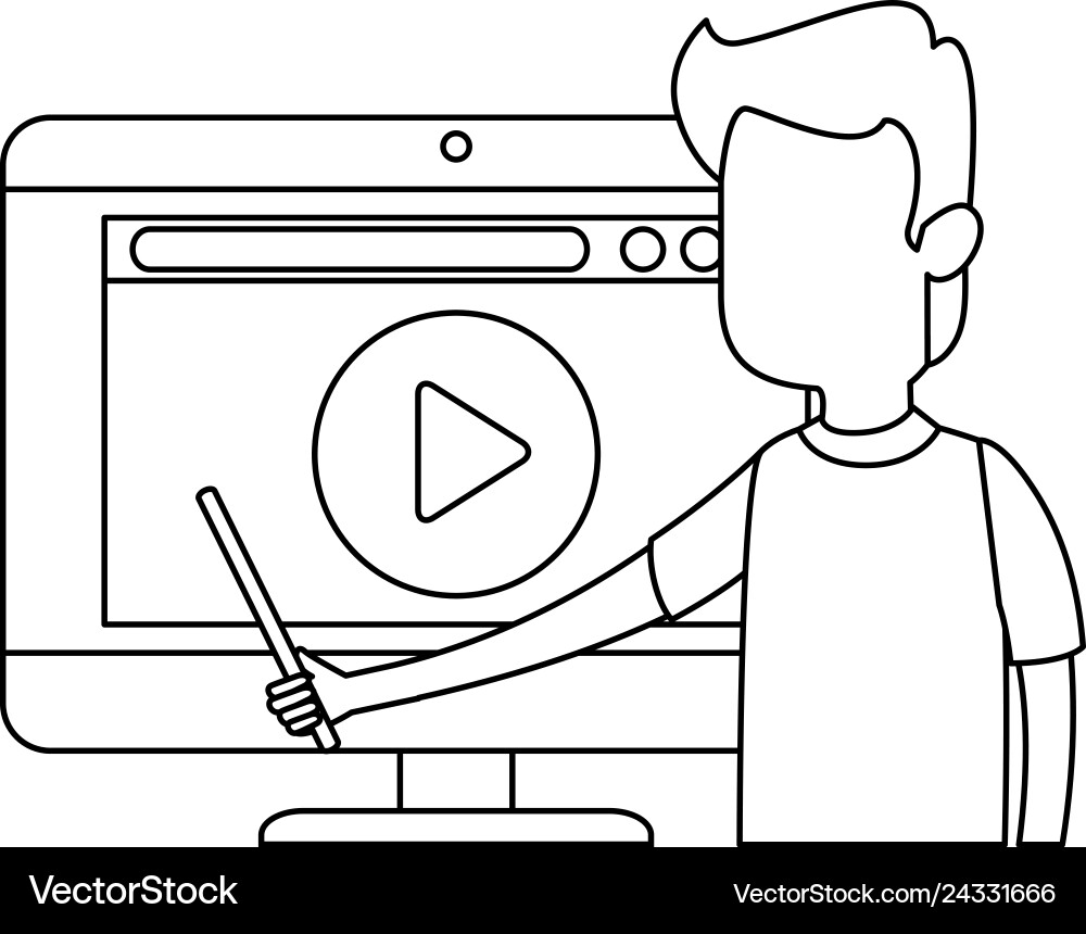 Man teaching with computer and media player Man teaching with computer and media player Vector Image