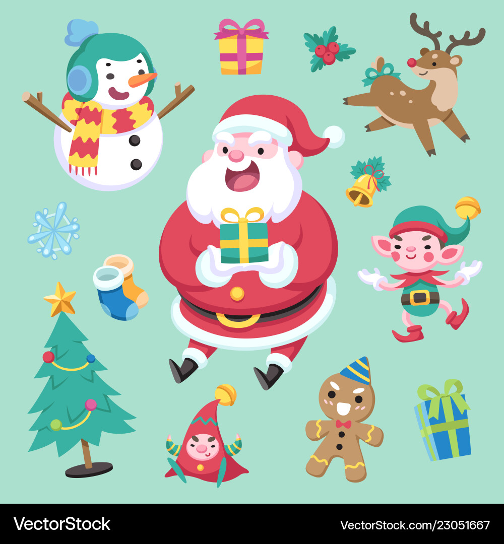 Flat cute style christmas character and element Flat cute style christmas character and element Vector Image
