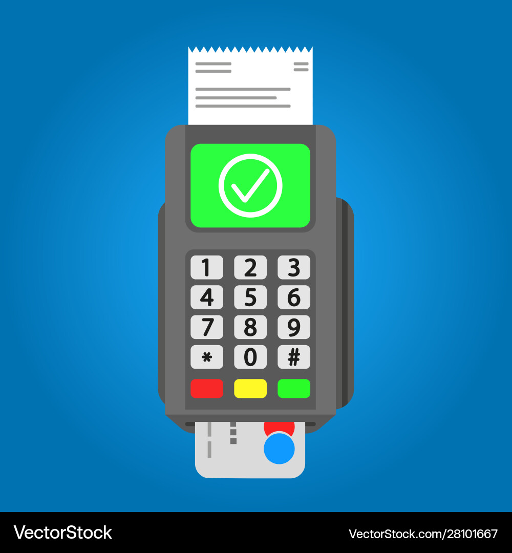 Pos terminal with inserted credit card and printed Pos terminal with inserted credit card and printed vector image