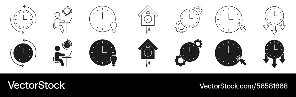 Clock and time management line solid icon set Clock and time management line solid icon set Vector Image