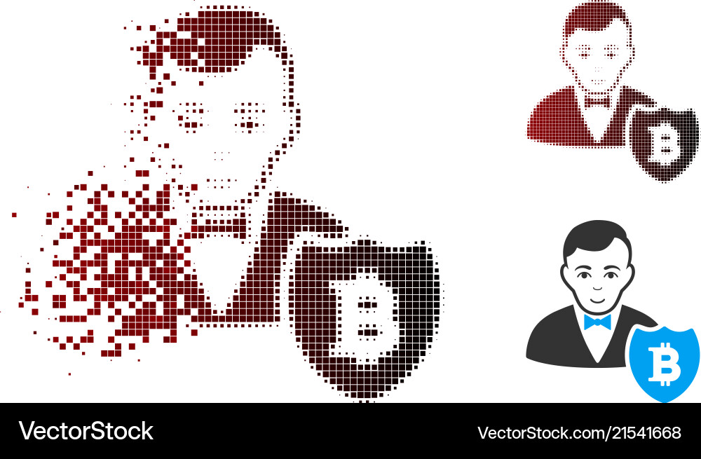 Disintegrating pixel halftone bitcoin protector Disintegrating pixel halftone bitcoin protector vector image