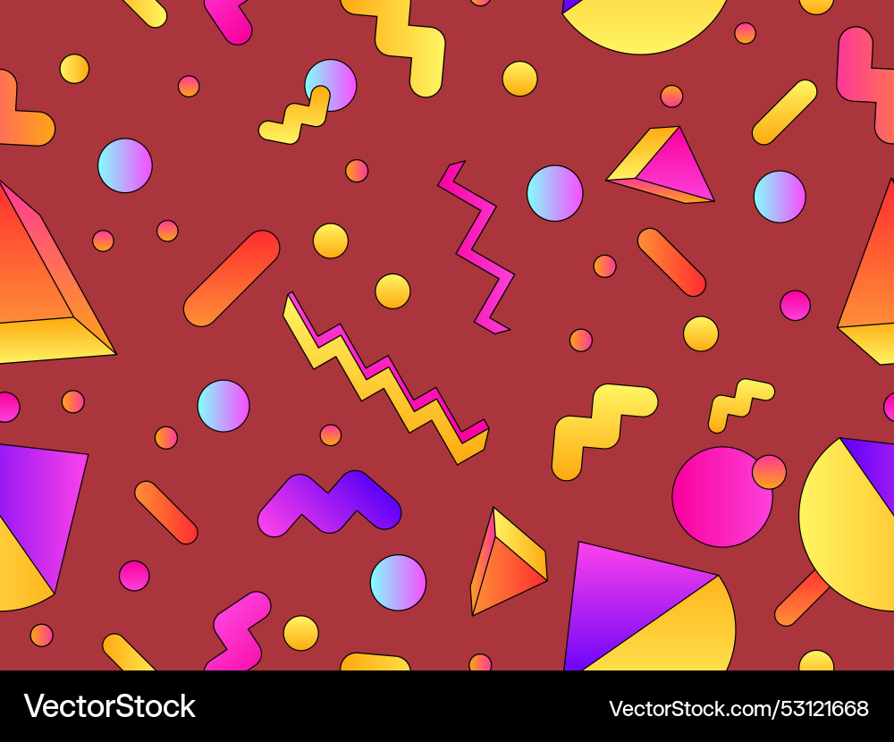 Geometric seamless pattern with 3d shapes in 80s vector image