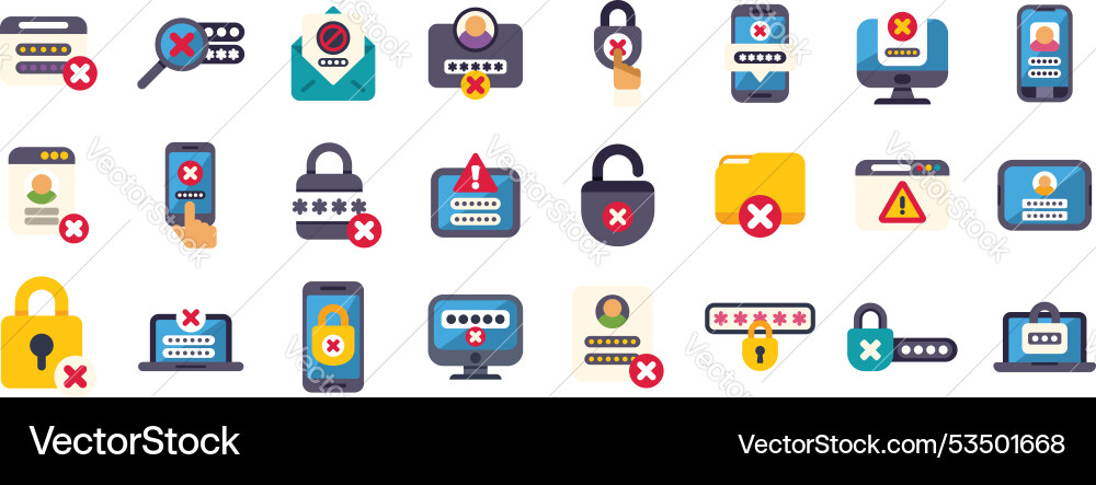 Set of password protection and error icons showing Set of password protection and error icons showing vector image