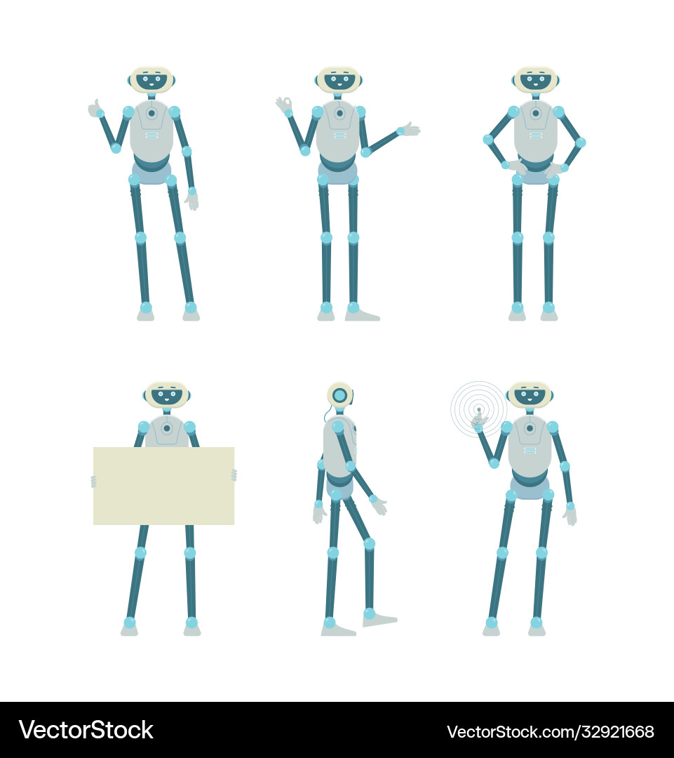 Set robot characters in interactive poses flat vector image
