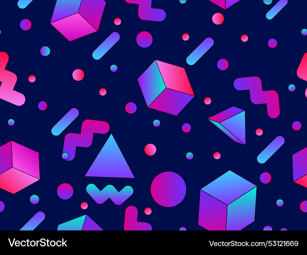 Geometric seamless pattern with 3d shapes in 80s Geometric seamless pattern with 3d shapes in 80s vector image