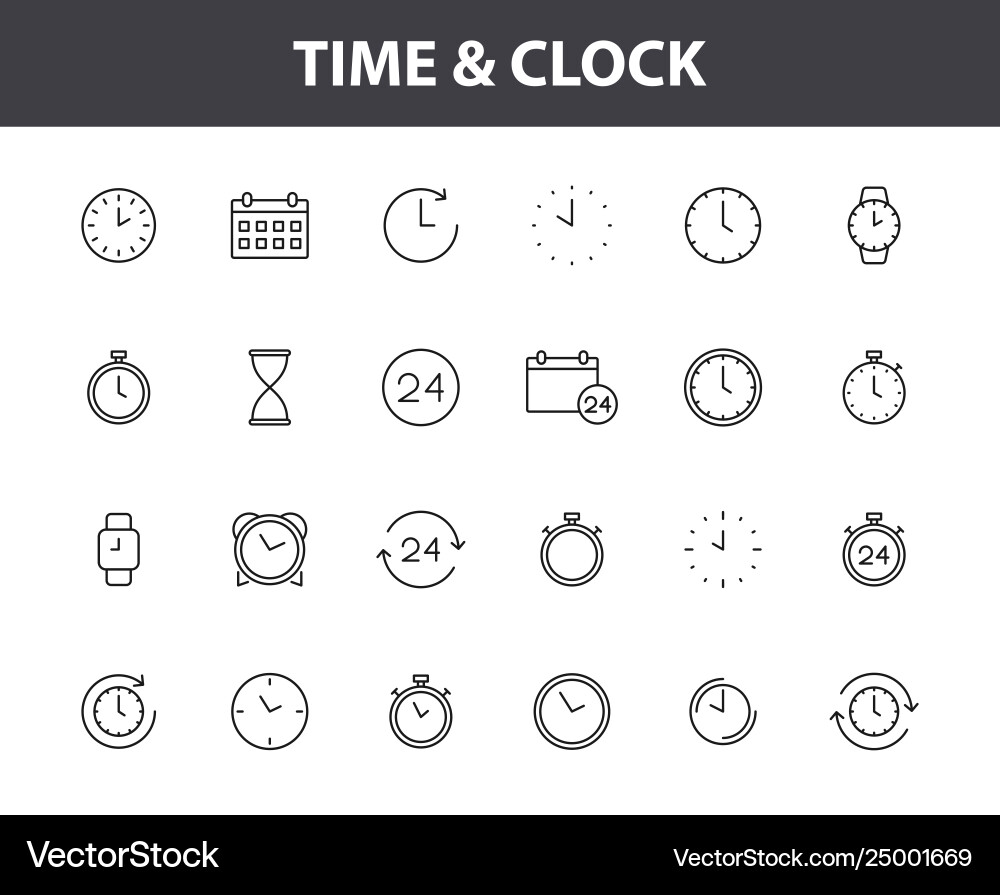 Set 24 time and clock web icons in line style vector image