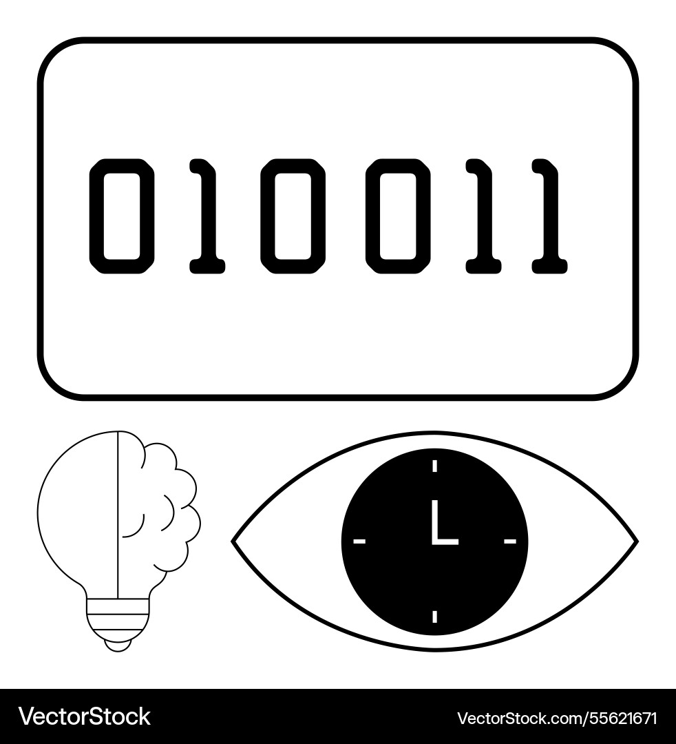 Binary code brain lightbulb and eye-clock Binary code brain lightbulb and eye-clock vector image