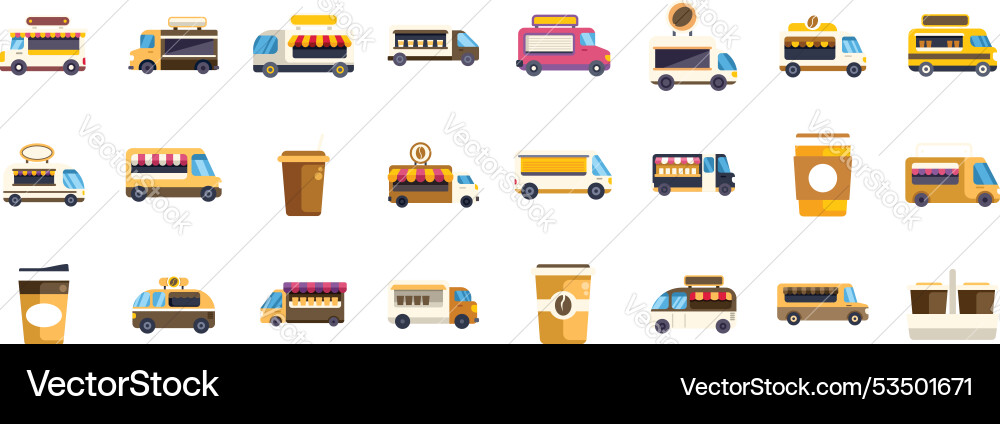 Icon set of various coffee trucks and takeaway Vector Image