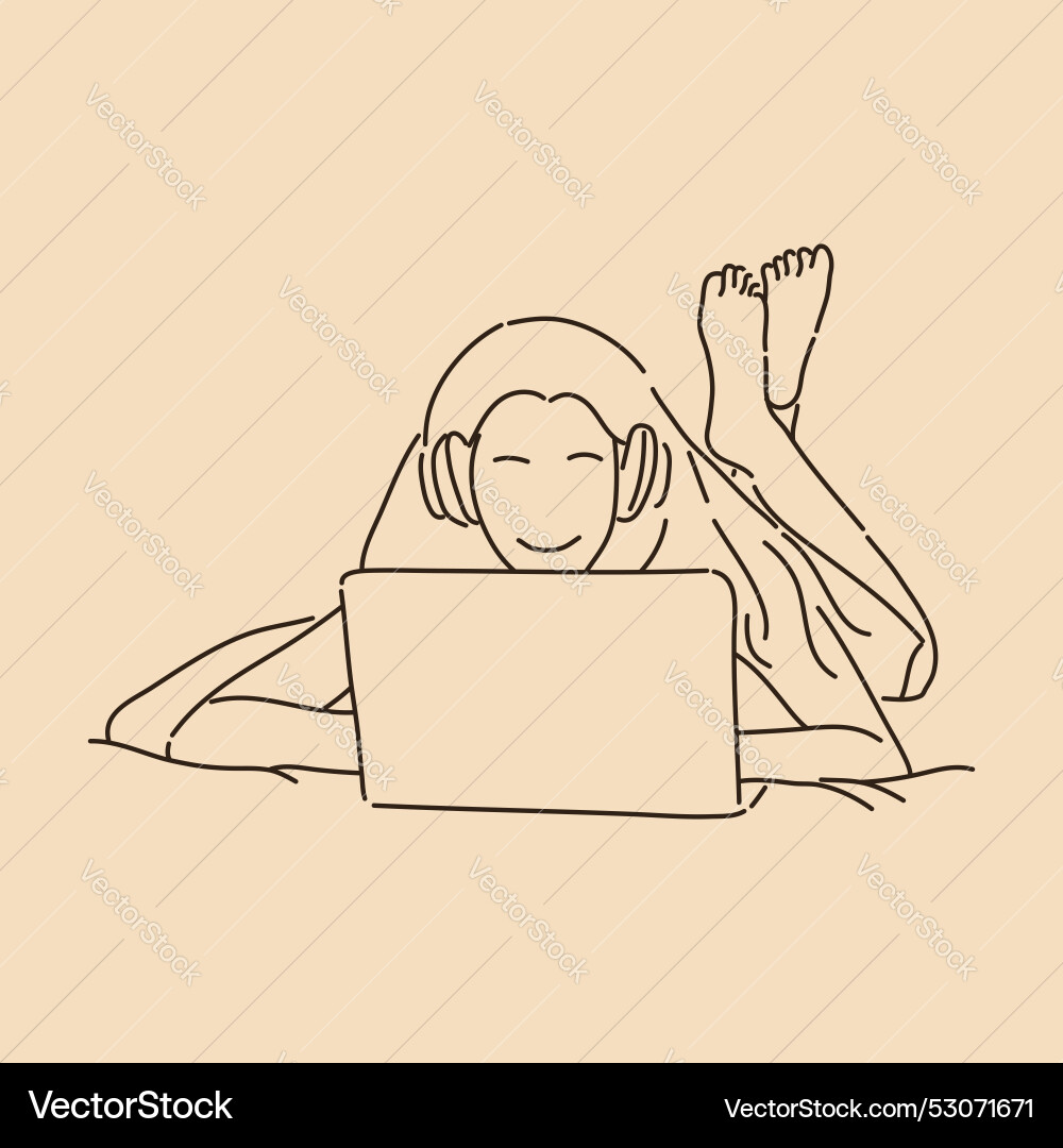 Young woman lying down while using a laptop line Vector Image