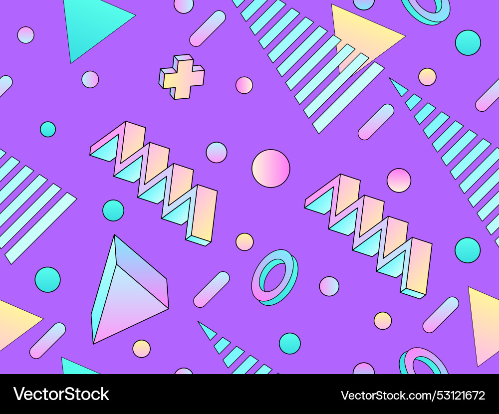 Geometric seamless pattern with 3d shapes in 80s Geometric seamless pattern with 3d shapes in 80s vector image