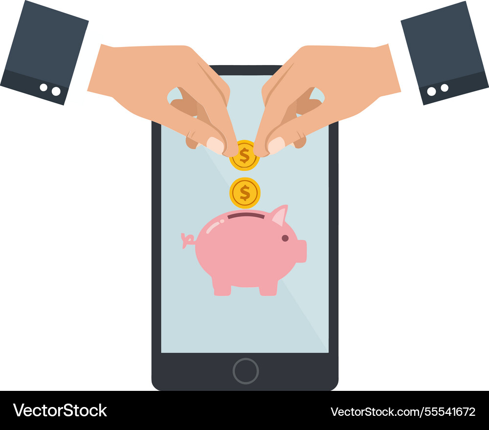 Hands inserting coins into a smartphone Vector Image