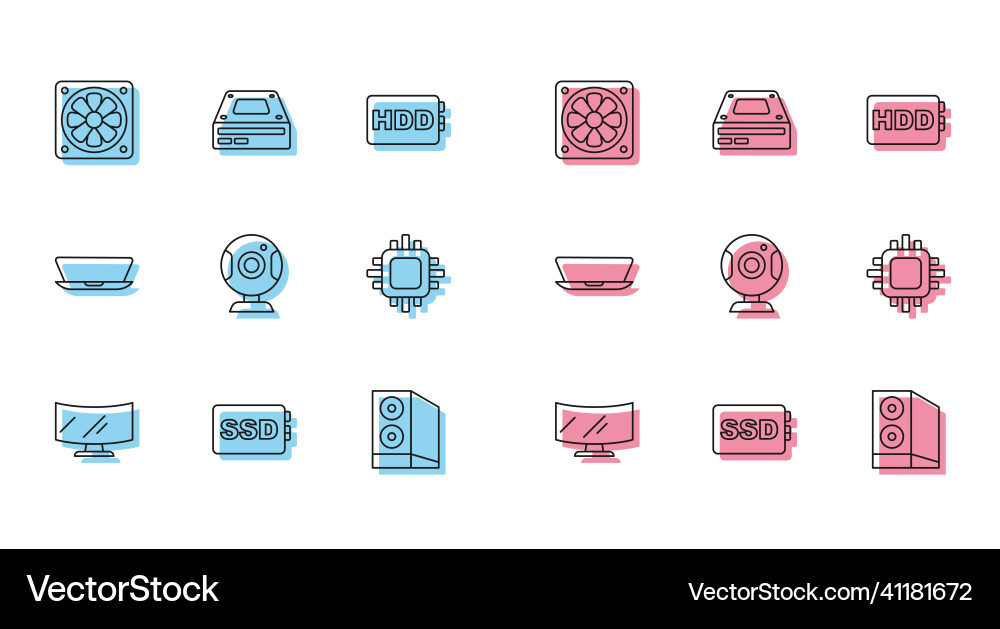 Set line computer monitor screen ssd card cooler Set line computer monitor screen ssd card cooler vector image