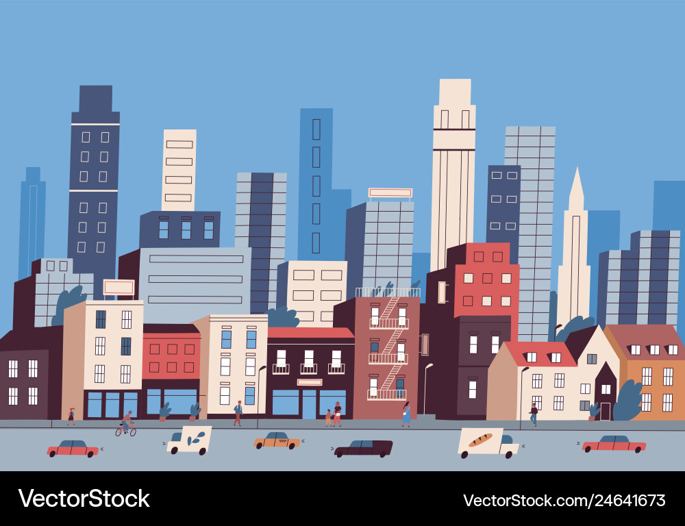 Big city life panoramic view of modern downtown Big city life panoramic view of modern downtown vector image
