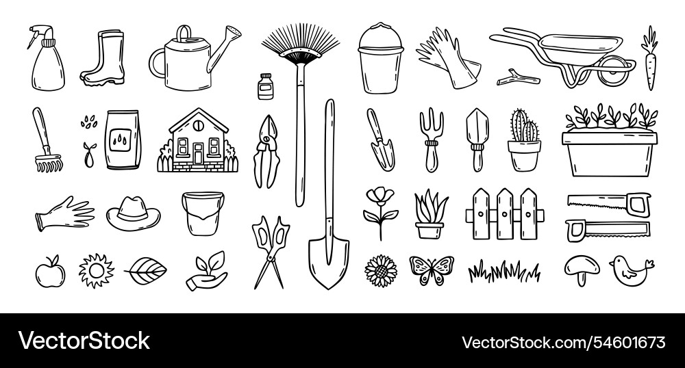 Gardener tools hand drawn doodle icons set hobby Gardener tools hand drawn doodle icons set hobby vector image