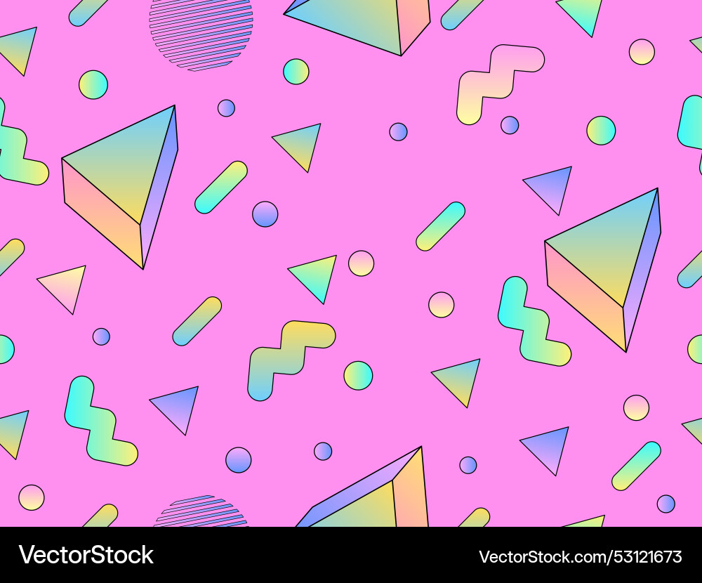 Geometric seamless pattern with 3d shapes in 80s Geometric seamless pattern with 3d shapes in 80s vector image