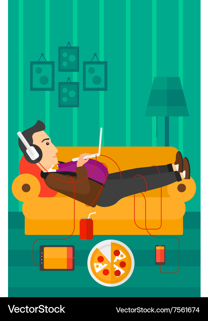 Man lying on sofa with many gadgets vector image