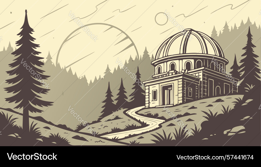 Observatory on hill with path amidst trees Vector Image