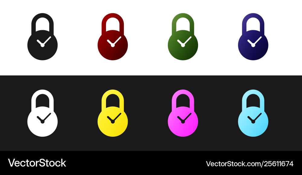 Set padlock with clock icon isolated on black Set padlock with clock icon isolated on black Vector Image