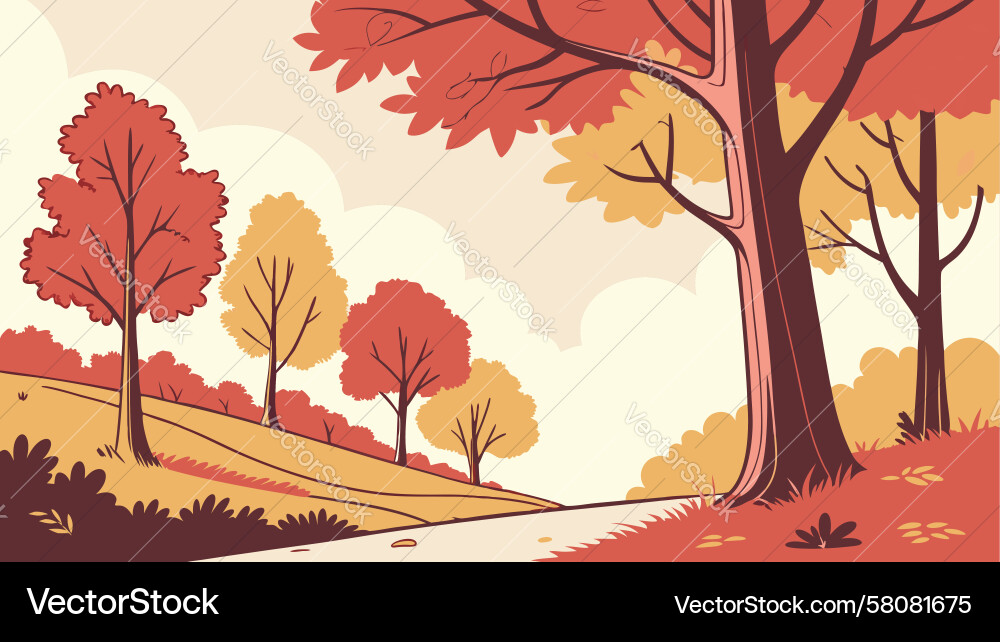 Autumn Forest Path with Red Tree Vector Image