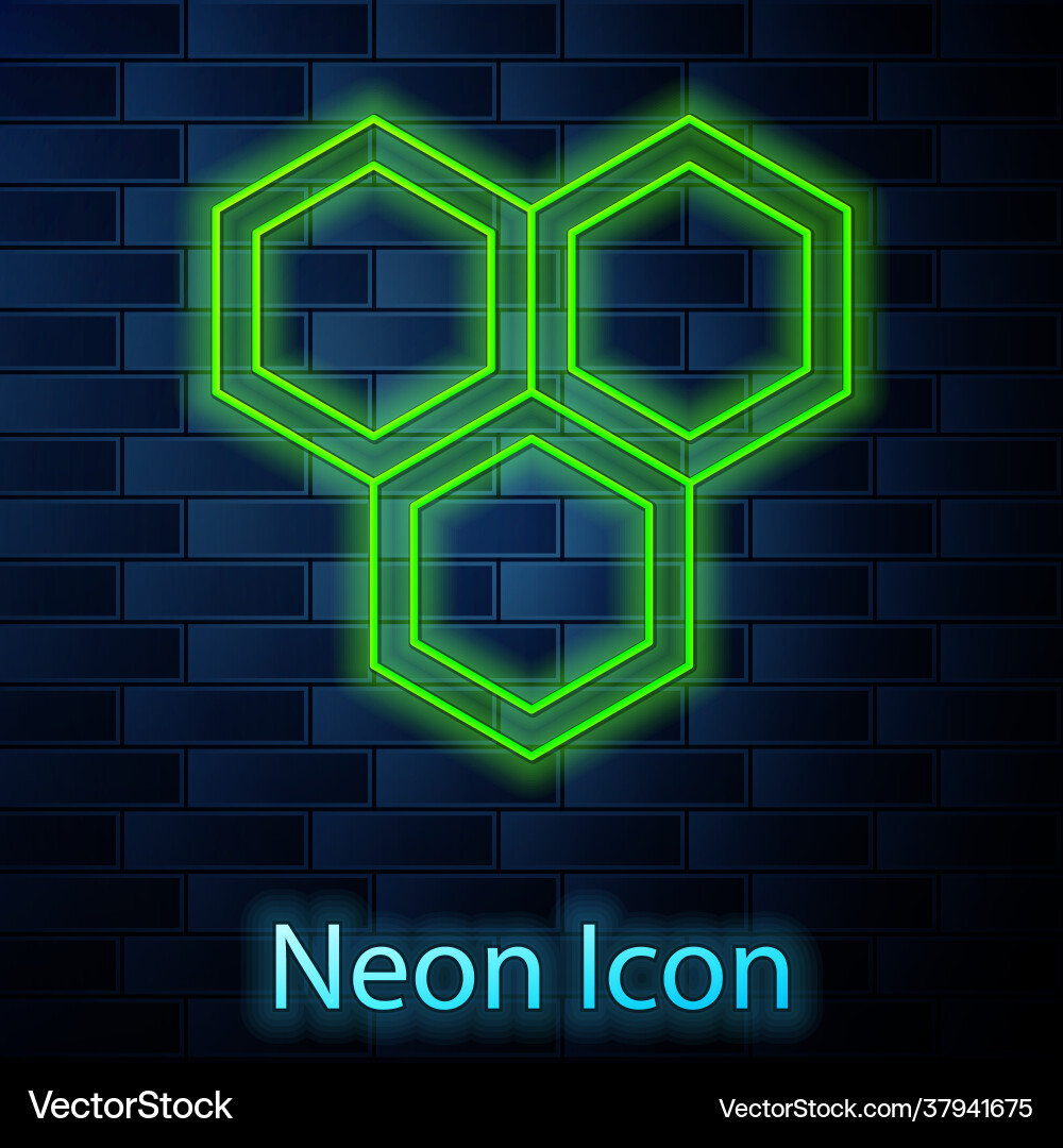 Glowing neon line honeycomb icon isolated on brick Glowing neon line honeycomb icon isolated on brick vector image