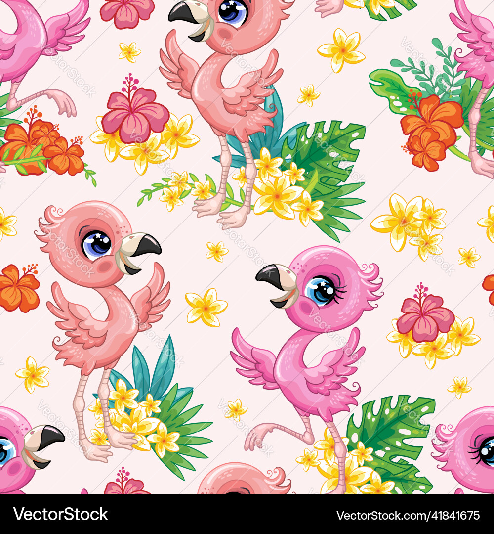 Seamless tropical pattern with cute flamingo birds vector image