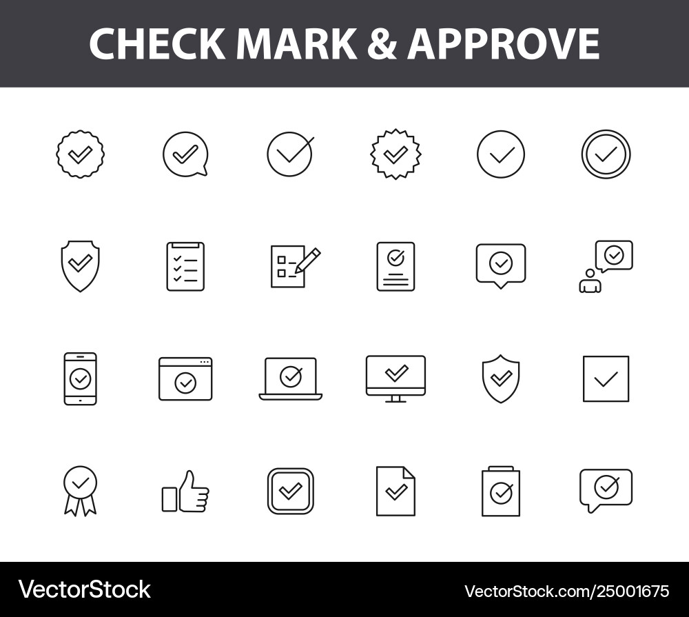 Set 24 check mark web icons in line style Set 24 check mark web icons in line style Vector Image