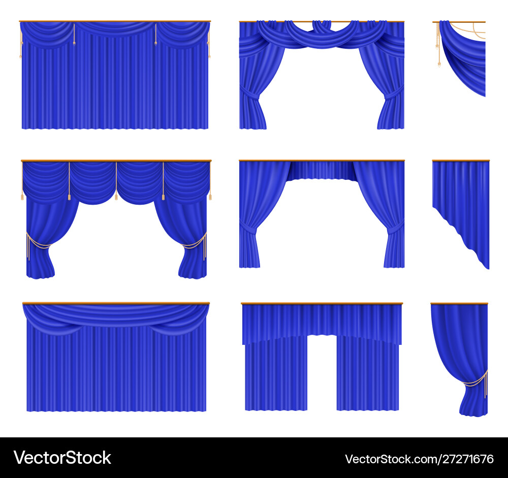 Blue curtains set realistic cinema and theater Blue curtains set realistic cinema and theater vector image