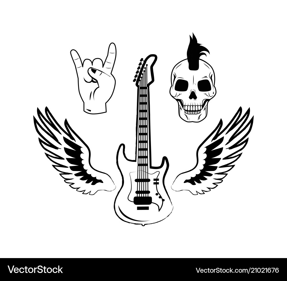 Rock & Roll Symbols: Guitar, Skull, Wings Vector Image