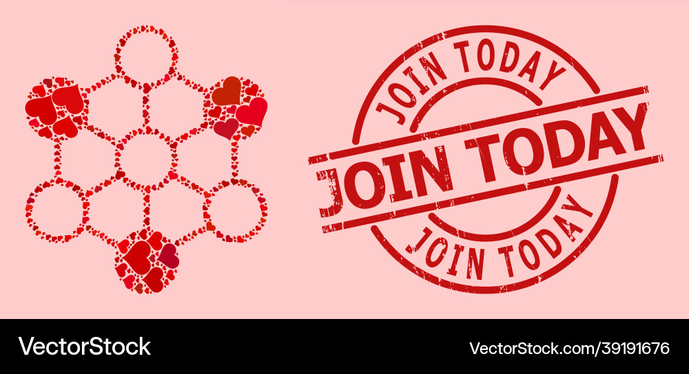 Scratched join today seal and red heart blockchain Scratched join today seal and red heart blockchain vector image