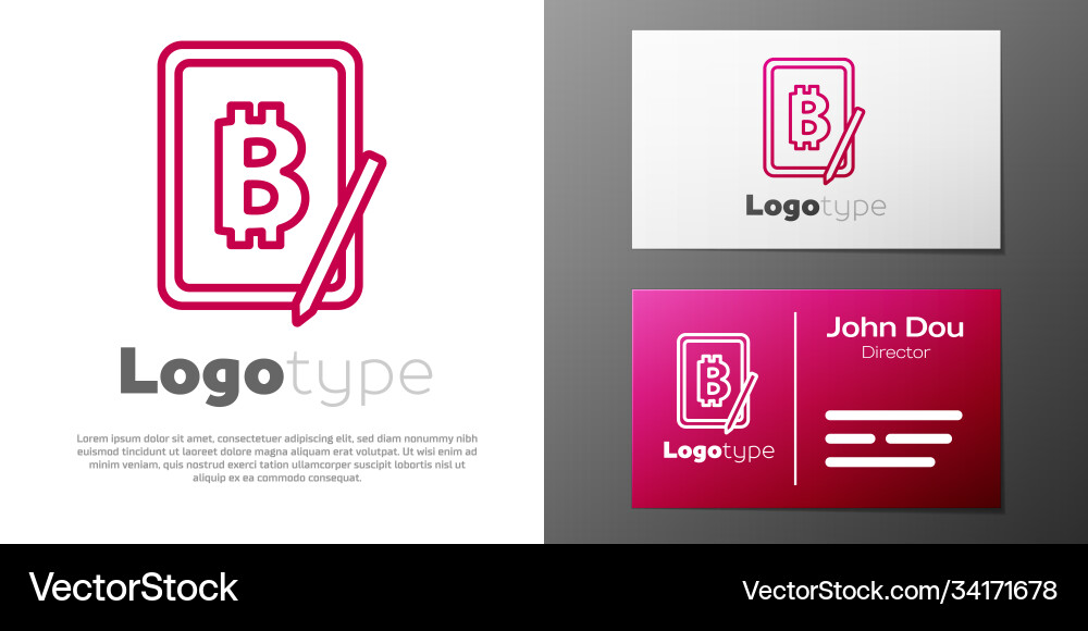 Logotype line mining bitcoin from graphic tablet vector image