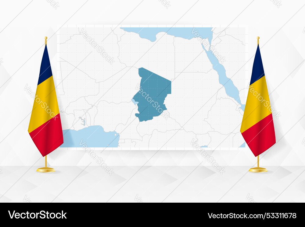 Map of chad and flags on flag stand vector image