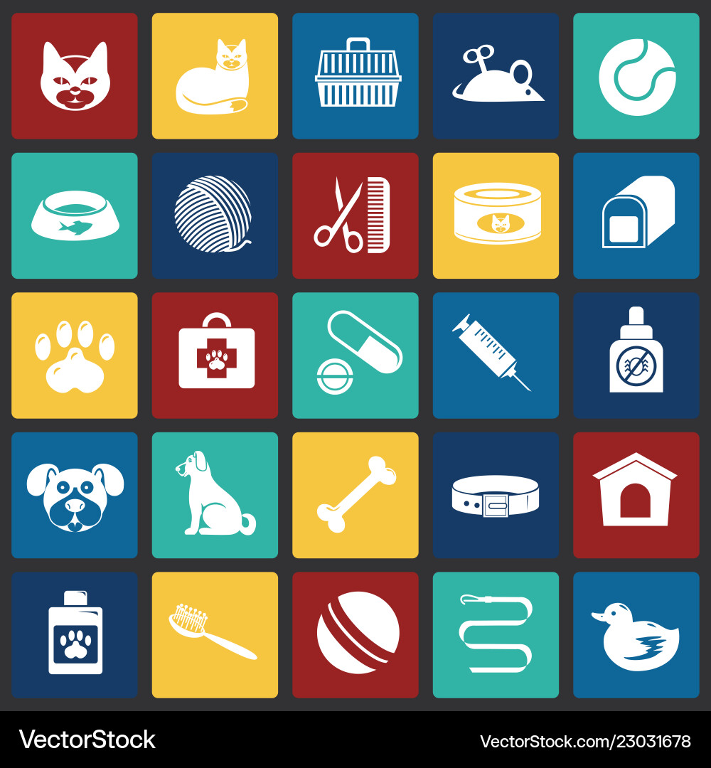 Pet icons set on color squares background Vector Image